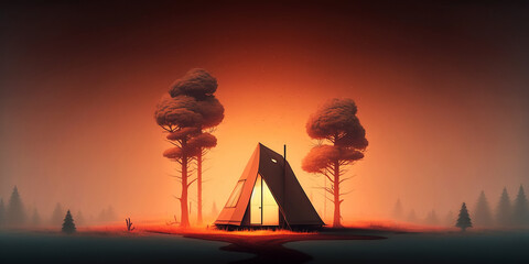 Ai generated illustration camping in a dark foggy forest.