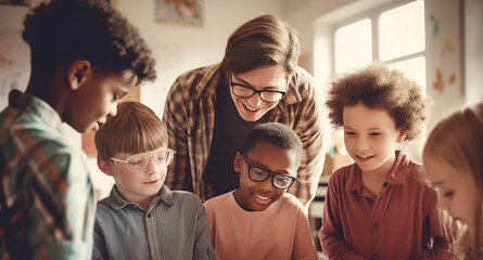 Obraz premium Group of multi-ethnic students with their teacher in class. Generative AI