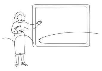 Teacher with book pointing with an open hand on blackboard. Continuous line drawing. School, university, collage; education concept.