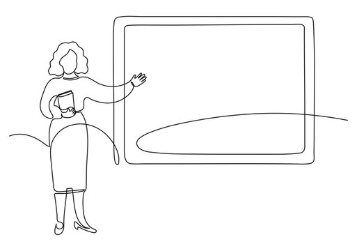 recommend clip art: Teacher with book pointing with an open hand on blackboard. Continuous line drawing. School, university, collage; education concept.