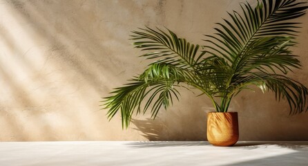 Obraz premium Brown cement wall and floor, palm tree in vase in a sunlight, long shadow for luxury interior design decoration, product display background, Generative ai