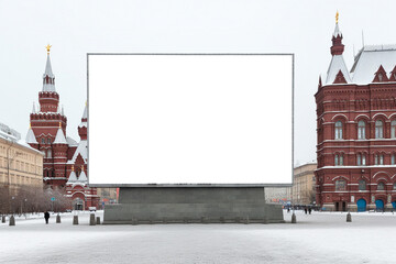 Transparent, empty,  blank billboard mockup in the middle of Red Square, Moscow.; for outdoor advertisement and promotion for commercial marketing. Generative AI