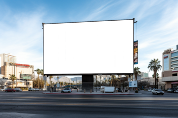 Transparent, empty,  blank billboard mockup beside a highway road with blue sky for outdoor advertisement and promotion for commercial marketing. Generative AI