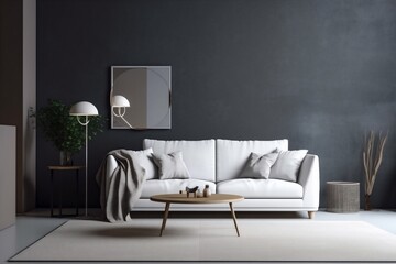 interior background dark white green comfortable cushion couch apartment cosy luxury loft. Generative AI.