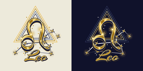 Golden icon of zodiac sign Leo with constellation with stars, text, triangle as alchemical symbol of fire element. Vintage style. © OA_Creation