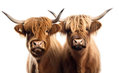 Naklejka premium Hairy Scottish Highlanders on a white background. Generative AI.