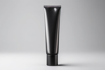 Blank black tube for cosmetic products on a clean light background. Copy space, space for text.