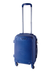 Suitcase on wheels isolated on white background. Hand luggage on the plane. Baggage. Small compact bag with telescopic handle. Blue plastic suitcase.