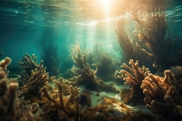 Naklejka na ściany i meble sea underwater landscape, sun rays. Copyspace. Generative AI