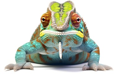 Smiling cheerful chameleon on a white background. Generative AI.