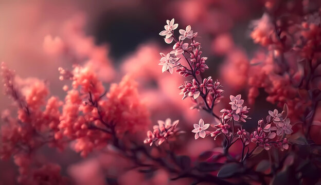 A branch of a red plant with small red flowers. Red flowers. Banner. Wallpaper. AI generated