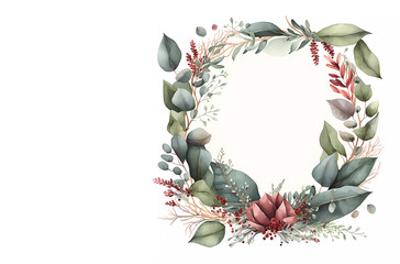 Christmas wreath with green leaves and berries. Watercola. Banner. AI generated