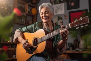 Mature woman playing acoustic guitar at home. Generative AI