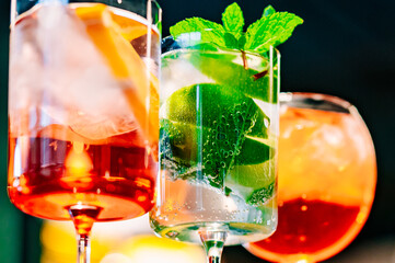 set summer alcoholic cocktail on table in cafe