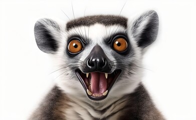 Fototapeta premium Smiling cheerful ring-tailed lemur on a white background. Generative AI.