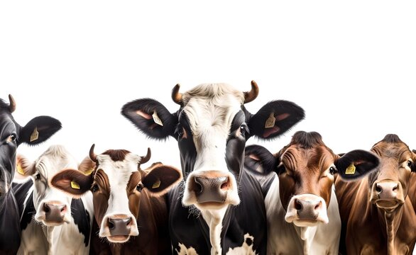 Group of cows on a white background. Generative AI.