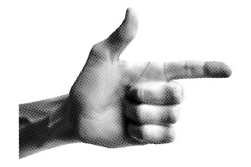 pointing gesture of the index finger hand with thumb right sign isolated halftone black white dots texture pop art style collage element for mixed media concept design