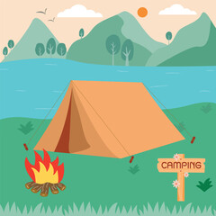 
Vector illustration of beautiful landscape, flat style camping art concept, lake, mountain, forest, tent and campfire. Design banners, posters, websites, etc.