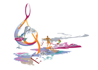 Abstract musical design with a treble clef and colorful splashes, notes and waves, summer activities.The surfer on the ocean wave and paragliding girl. Hand drawn vector illustration.