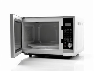 a modern white and black microwave with the door open on white background. image used for an ad.  Generative AI
