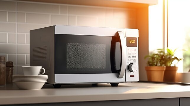 a modern white and black microwave in a house kitchen on the kitchen table. image used for an ad. Generative AI