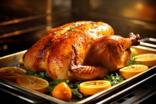 a roasted grilled chicken turkey cooked with lemons and salad in a stove for the thanksgiving holiday to enjoy with the whole family and friends. image used for an ad. Generative AI