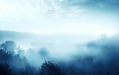 Fototapeta premium Mystic foggy landscape with trees, mountain and valley view generative ai