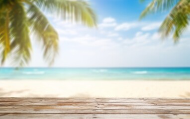 Empty wooden table for product display with blurred exotic tropical seaside background with sea, palm trees and white sand generative ai