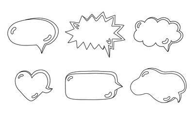 Hand drawn speech bubbles set. Empty online chat clouds in the different shapes. Oval, round, square, cloud, heart shaped bubbles for text, talk phrases, information. Doodles isolated on background