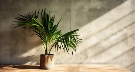 Gray cement wall and floor, palm tree in vase in a sunlight, shadow, sunrays effect from window, for luxury interior design decoration, product display background, Generative ai