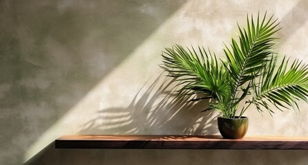 Gray cement wall and floor, palm tree in vase in a sunlight, shadow, sunrays effect from window, for luxury interior design decoration, product display background, Generative ai