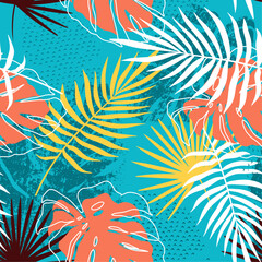 Fototapeta na wymiar Exotic leaves seamless pattern. Vector graphic for backgrounds, textiles and apparel. Design for tshirts and clothes. Palms, monstera and textures. Hand drawn aesthetic. Botanical aesthetic.