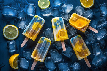 Ice popsicles with fresh lemon fruit slices. Generative AI illustration