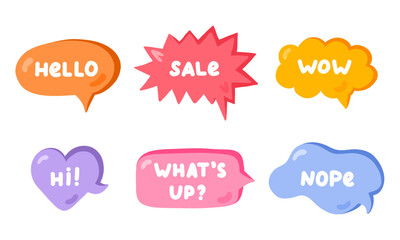 Trendy speech bubbles set with hand drawn talk phrases in the different shapes. Online chat clouds with dialog words Hello, What s up, Sale, Wow, Hi, Nope. Oval, square, cloud, heart shaped bubbles