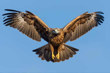 Front view of an eagle in flight has wings outstretched against a blue sky