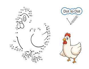 Dot to dot game. Kids activity education worksheet. Art game. Finish drawing image of cute chicken. Children drawn riddle by numbers. Vector illustration.