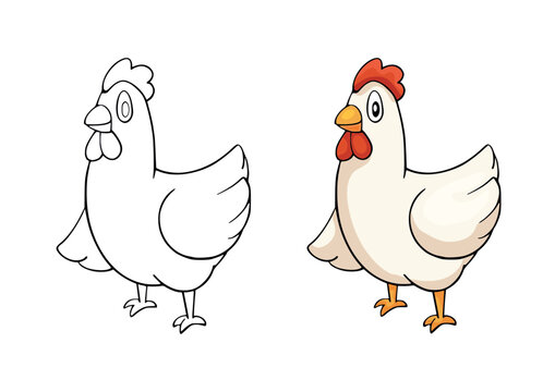 Coloring book with the image of a funny chicken. Line drawing and color version icon of chicken. Vector illustration how to paint a domestic bird with farms.