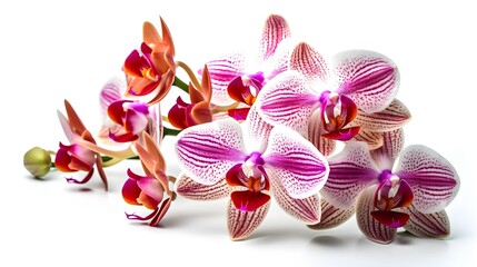 Close up studio shot of group white purple Moth orchid flowers isolated on white background. Generative AI technology.