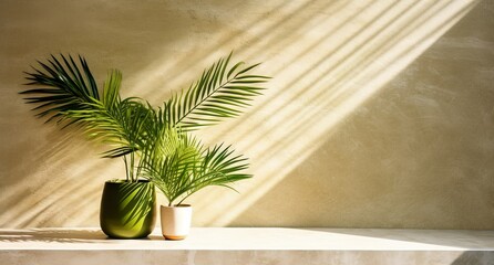 Palm tree in vase in a sunlight, cement wall and floor, natural shadows design, for luxury interior design decoration, product display background, Generative ai
