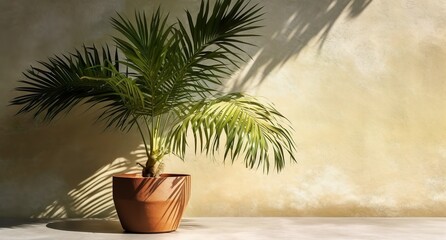 Obraz premium Palm tree in vase in a sunlight, cement wall and floor, natural shadows design, for luxury interior design decoration, product display background, Generative ai