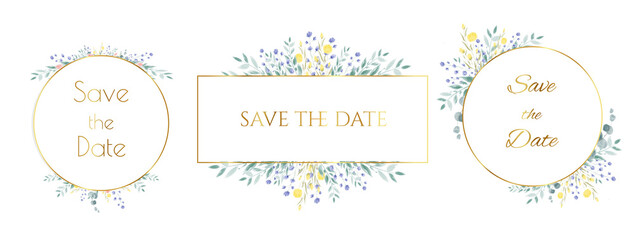 eps floral watercolour hand drawn illustration wedding invitation cards, delicate floral circle frames and banner.  borders with golden frame, cream roses, greenery leaves, forming a wreath bouquet 