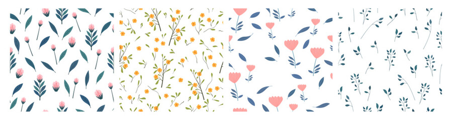set of floral seamless patterns. hand drawn flowers, leaves and branches