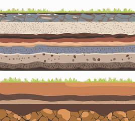 Seamless ground cross sections,layers under earth underground textures set. vector illustrations