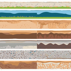 Seamless ground cross sections,layers under earth underground textures set. vector illustrations