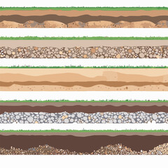 Seamless ground cross sections,layers under earth underground textures set. vector illustrations