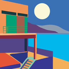 House  with sea view in front of the beach vibrant colors illustration
