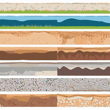 Seamless ground cross sections,layers under earth underground textures set. vector illustrations