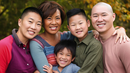Fototapeta premium Happy young homosexual couple with diverse children while looking at home. AI Generative