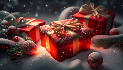 Christmas gift box with ribbon, christmas gift boxes and red decorations on snow, Generative AI