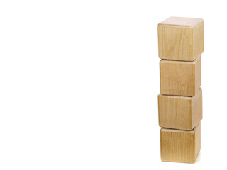 Four empty wooden cubes arranged vertically, for your text, isolated on a transparent